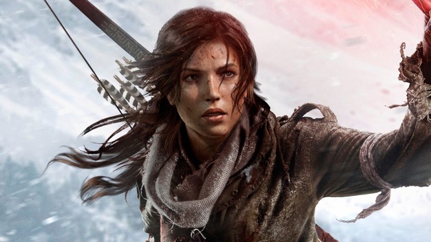 Lara Croft in Rise of the Tomb Raider, holding a flare.